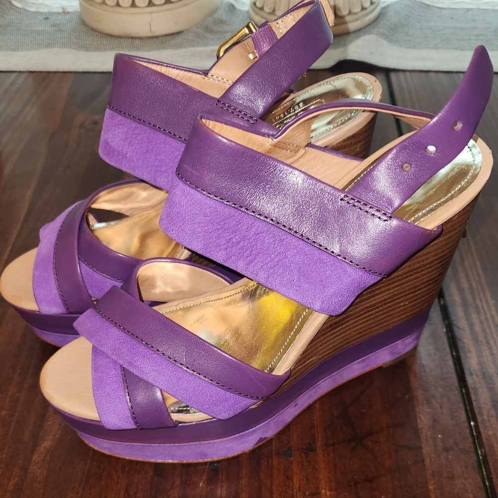 Coach Purple Suede & Leathet Wedge Heel Sandals Sz 6